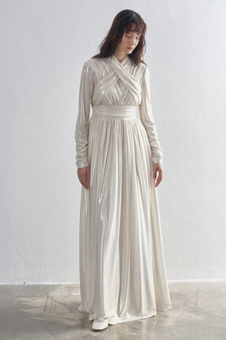 Draped Cross-Band Evening Gown – Ecru