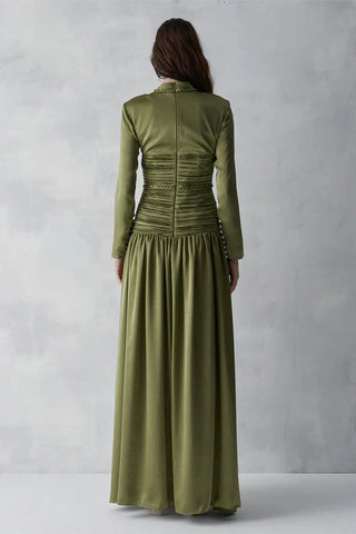 Ruched Waist Draped Long Evening Dress - Khaki
