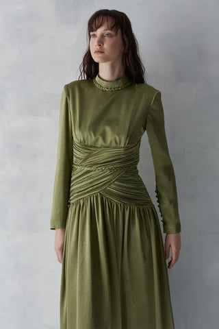 Ruched Waist Draped Long Evening Dress - Khaki