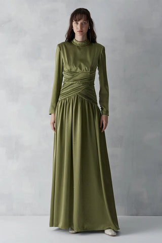 Ruched Waist Draped Long Evening Dress - Khaki