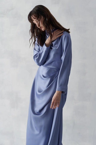 Asymmetric Draped High-Neck Satin Long Evening Dress - Blue