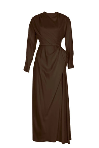 Asymmetric Draped High-Neck Satin Long Evening Dress - Brown