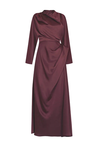 Asymmetric Draped High-Neck Satin Long Evening Dress - Burgundy