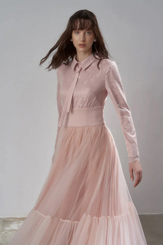 Drape Detailed Tulle Skirt Evening Gown – Powder