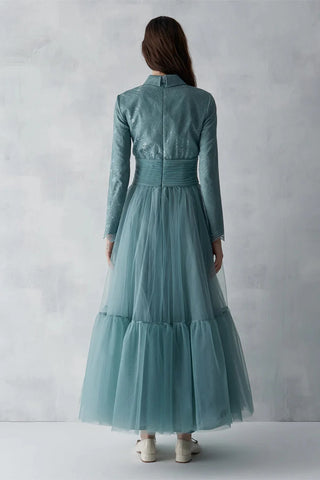 Satin Draped Long Evening Dress with Pleated Skirt - Mint