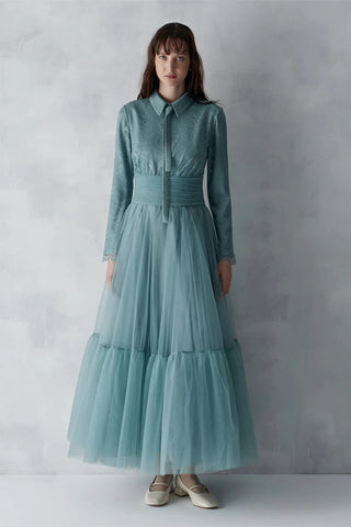 Satin Draped Long Evening Dress with Pleated Skirt - Mint