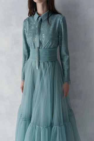 Drape Detailed Tulle Skirt Evening Gown – Mint