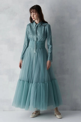 Satin Draped Long Evening Dress with Pleated Skirt - Mint