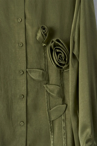 Rose Appliqué Silk Drape Shirt – Khaki