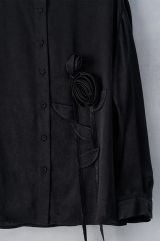 Rose Appliqué Silk Drape Shirt – Black