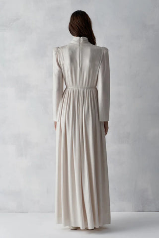 Metallic Ribbed Belted Evening Gown – Beige