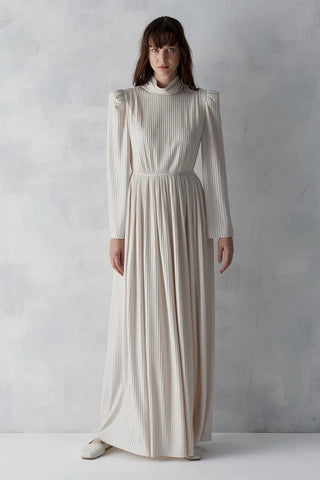 Metallic Ribbed Belted Evening Gown – Beige