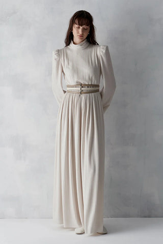 Metallic Ribbed Belted Evening Gown – Beige