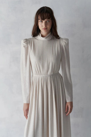 Metallic Ribbed Belted Evening Gown – Beige