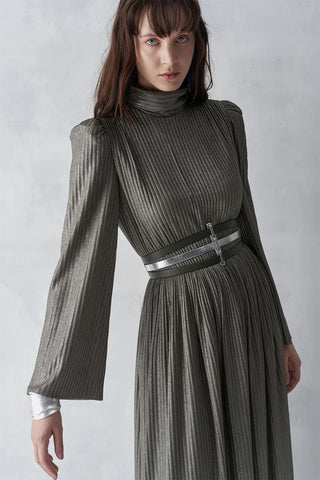Metallic Ribbed Belted Evening Gown – Khaki