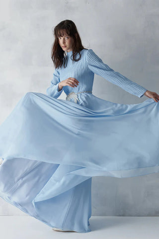 Pleated Bodice Embellished Evening Gown – Light Blue