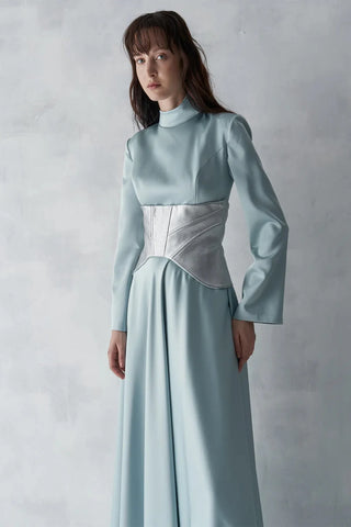 Satin Gown with Metallic Corset – Mint