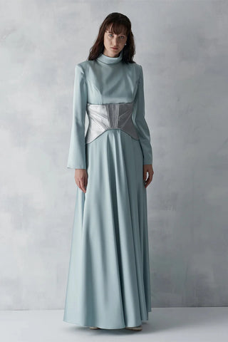 Satin Gown with Metallic Corset – Mint