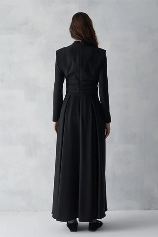 Draped Waist Long Evening Dress - Black