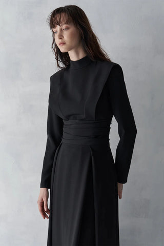 Draped Waist Long Evening Dress - Black