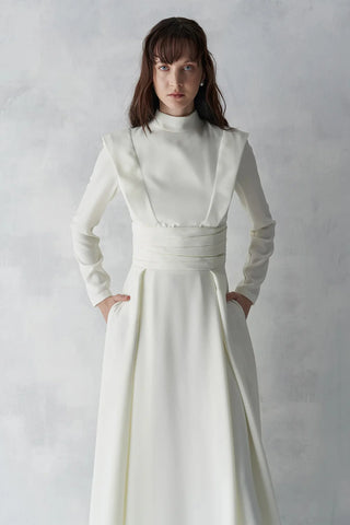 Draped Waist Long Evening Dress - Ivory