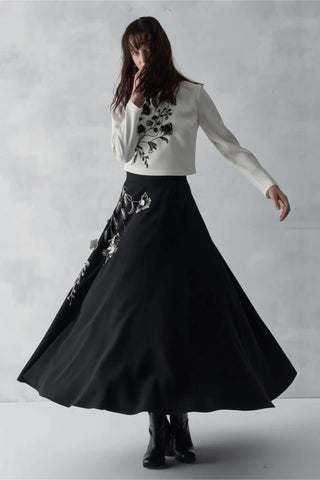 Floral Embroidered Blouse & Skirt Set – White/Black