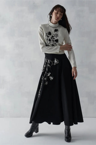 Floral Embroidered Blouse & Skirt Set – White/Black