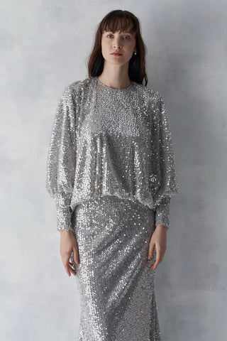 Sequined Blouse & Skirt Evening Set – Silver