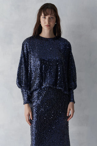 Sequined Blouse & Skirt Evening Set – Navy