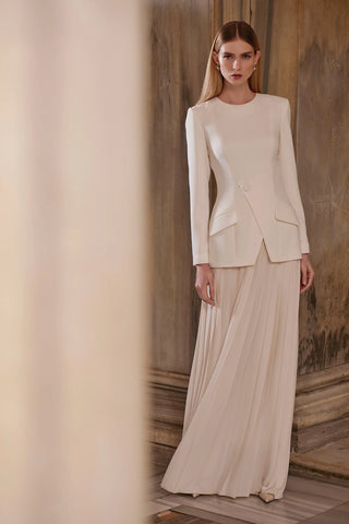 Asymmetric Pleated Evening Dress – Cream