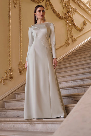 Asymmetric Draped Long-Sleeve Evening Dress - Beige
