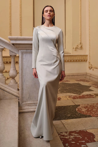 Asymmetric Draped Long-Sleeve Evening Dress - Beige