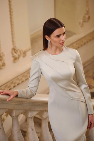 Asymmetric Draped Long-Sleeve Evening Dress - Beige