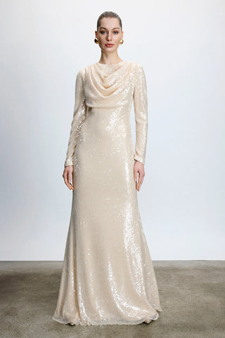 Draped Sequin Evening Dress – Cream