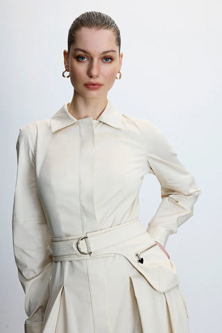 Belted Shirt-Collar Midi Dress – Ecru