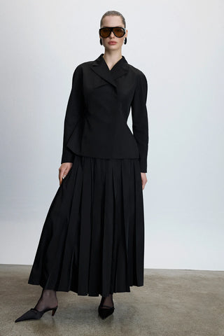Structured Collar Jacket & Pleated Skirt Set – Black