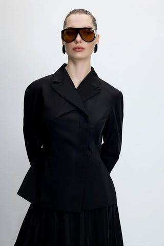 Structured Collar Jacket & Pleated Skirt Set – Black