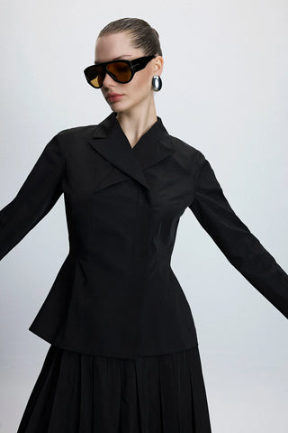 Structured Collar Jacket & Pleated Skirt Set – Black