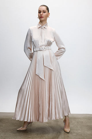Satin Pleated Belted Dress – Powder