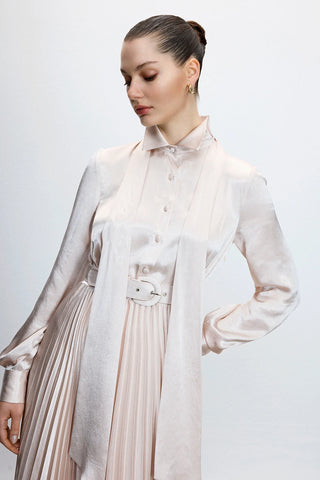 Satin Pleated Belted Dress – Powder