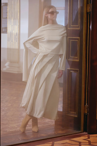Draped Shoulder Top & Pleated Skirt Set – Cream
