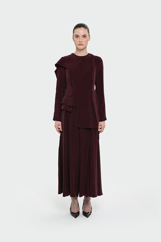 Asymmetric Draped Blouse & Wide-Leg Trouser Set - Burgundy