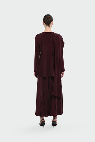 Asymmetric Draped Blouse & Wide-Leg Trouser Set - Burgundy