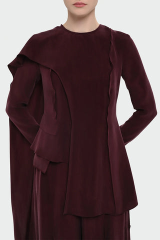 Asymmetric Draped Blouse & Wide-Leg Trouser Set - Burgundy