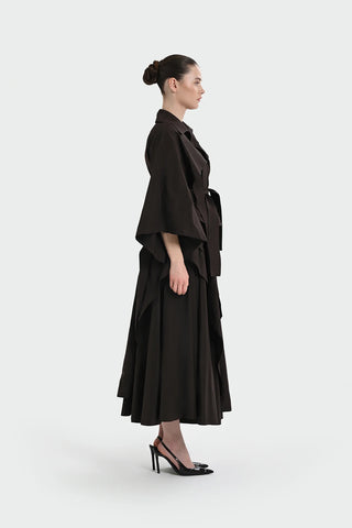 Layered Sleeve Tie-Waist Jacket - Brown