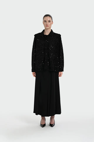 Sequin Embellished Shirt-Collar Jacket — Black