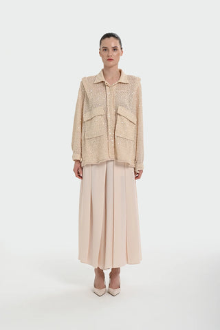 Sequin Embellished Shirt-Collar Jacket — Cream