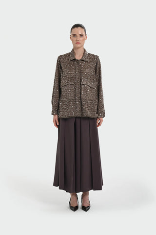 Sequin Embellished Shirt-Collar Jacket — Brown