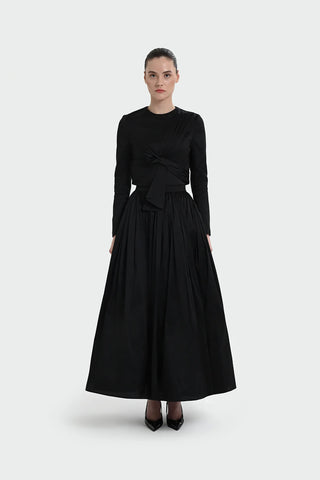 Long-Sleeve Dress with Front Tie Detail - Black