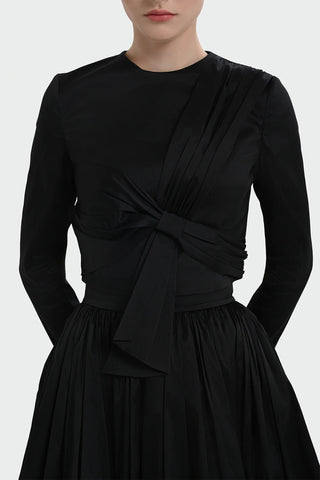Long-Sleeve Dress with Front Tie Detail - Black